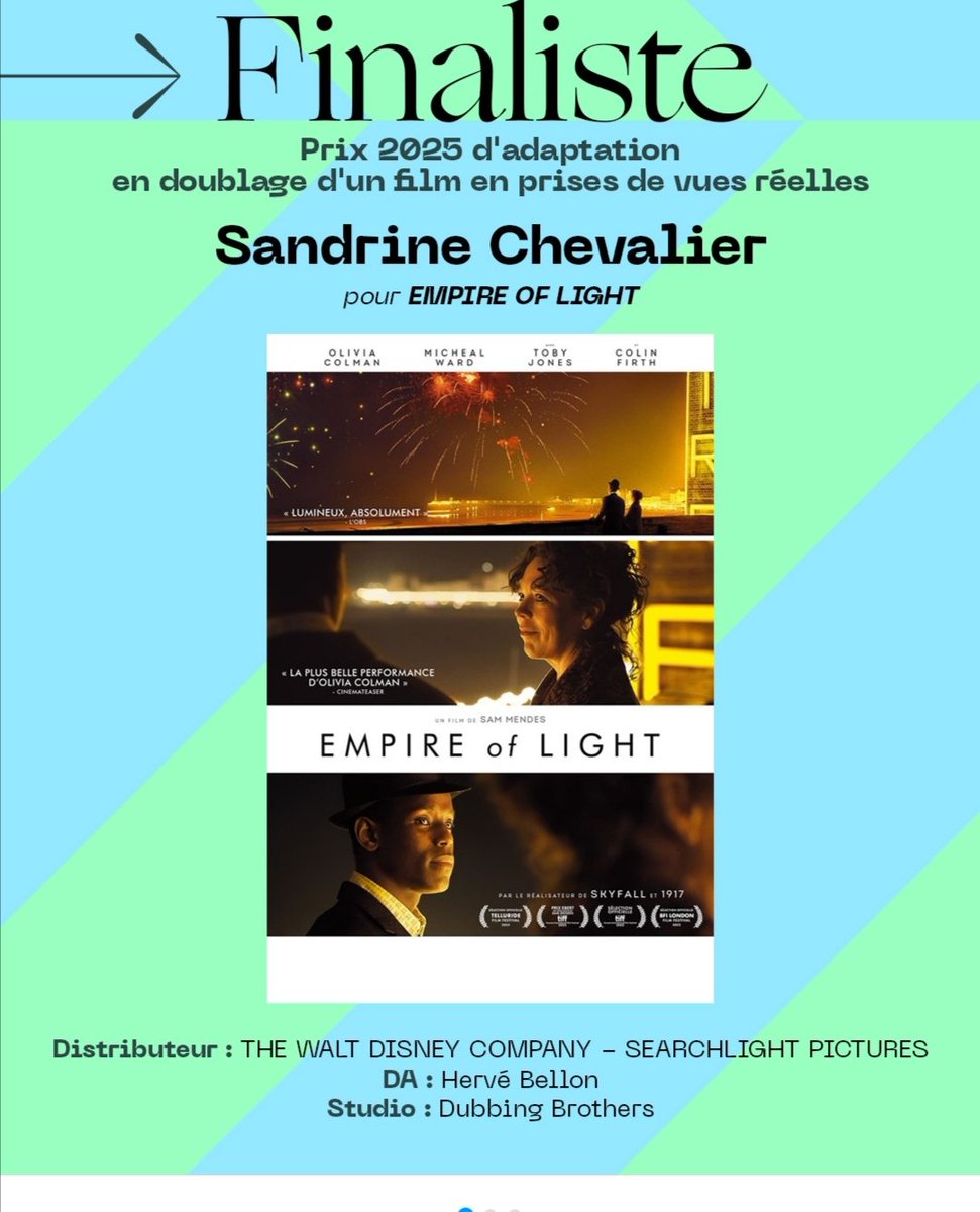 J'ai le grand plaisir d'être nominee pour le #prixataa2025  pour le film Empire Of Light dans la catégorie cinema doublage.
En compagnie de
Cynthia Perin pour The Creator
et
Pierre Arson pour The Flash
😊