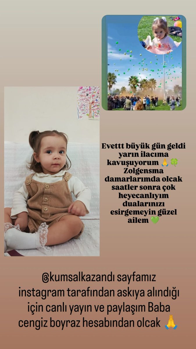 Şükürler olsun Kumsal'ımız yarın Zolgensma ilacına kavuşuyor. 🤲❤️
Instagram sayfamız kapandığı için Dubai'den canlı yayınımız Cengiz Boyraz (baba) hesabı üzerinden yapılacaktır.

Bu vesileyle tekrardan emeği geçen herkese sonsuz teşekkürler. ❤️

Yayın👉instagram.com/kumsal_eylem_b…