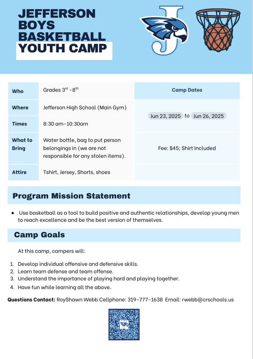 🚨Summer Youth Camp 🚨 We are excited to have our annual youth camp June 23rd-June 26th 

Please use the QR code to sign up! 

Payment can be brought the day of the camp and can be paid via check or cash/card.