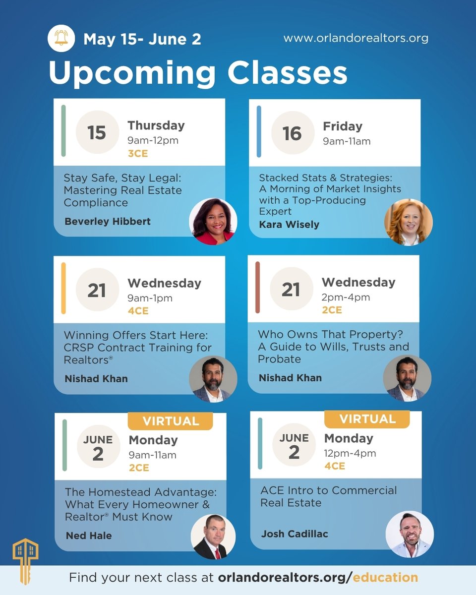 ✨Making May magnificent? Let's keep it up with more learning! Here's what's coming up for Orlando Realtors this month and beyond.  

Check out the full calendar: shorturl.at/iWreT
