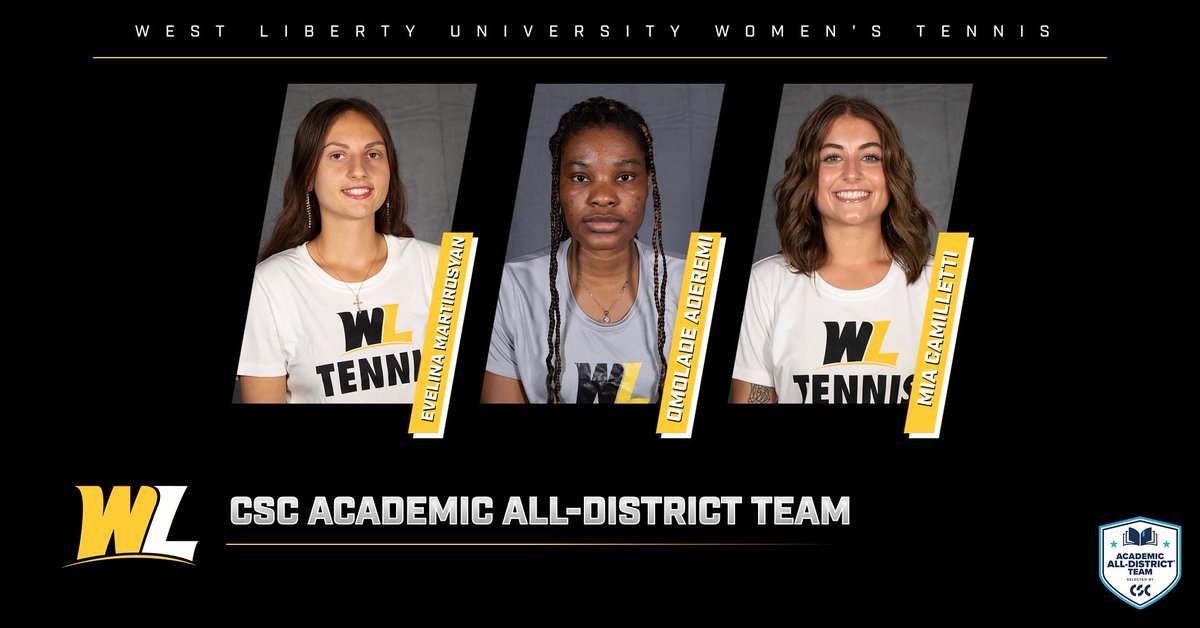 Congratulations to West Liberty University women's tennis players Evelina Martirosyan, Omolade Aderemi, and Mia Camilletti for being named to the CSC Academic All-District Team !!!
#GoWLU | #TopperNation