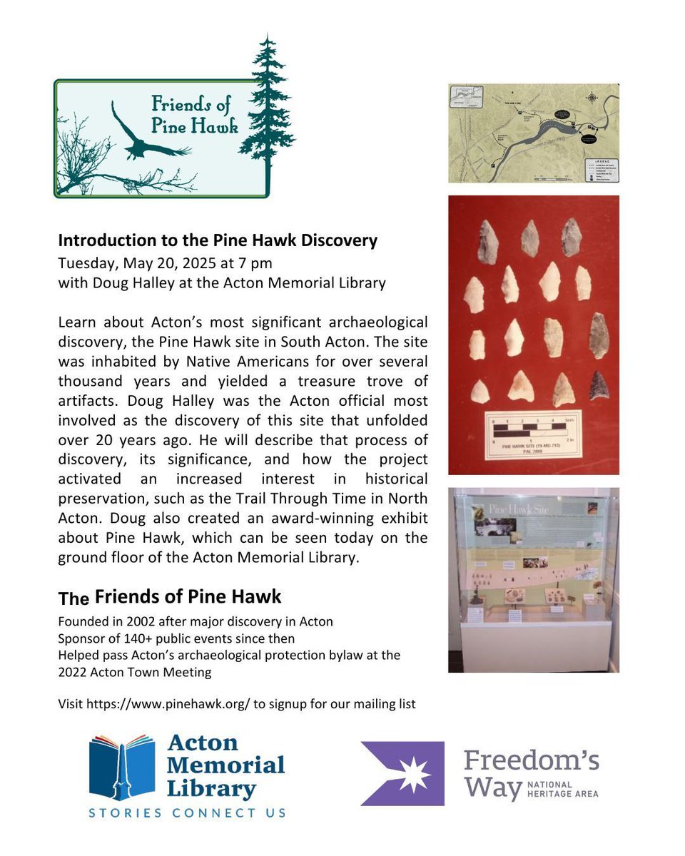 ActonMemLibrary's tweet photo. Introduction to the Pine Hawk Discovery lecture next Tuesday, May 20, at 7 pm. Learn about Acton’s most significant archaeological discovery, the Pine Hawk site in South Acton! See bio for accessibility info. https://t.co/NEiCH40o04