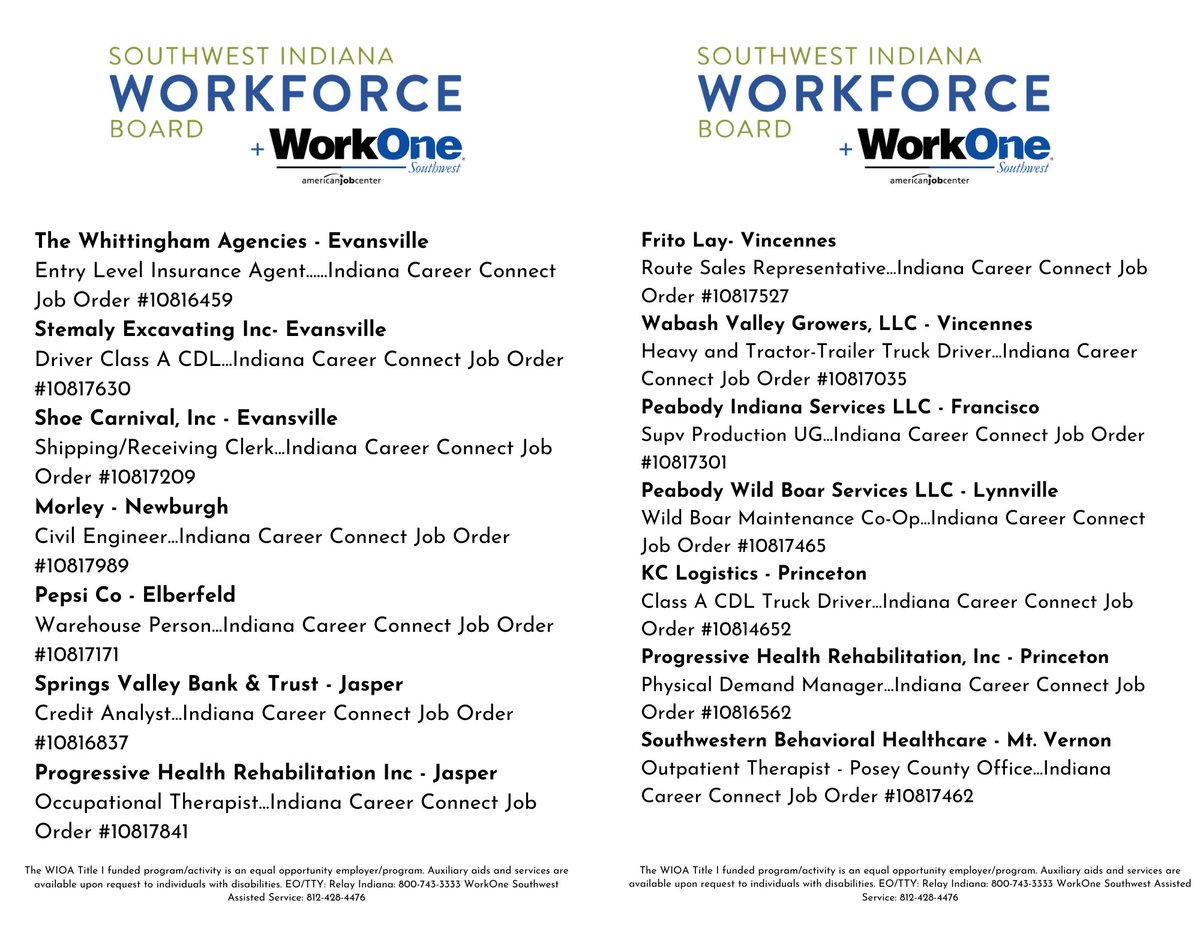 Find the weekly WorkOne Southwest job listings below. Stop by the office to receive free help with your resume and application! We look forward to seeing you soon!