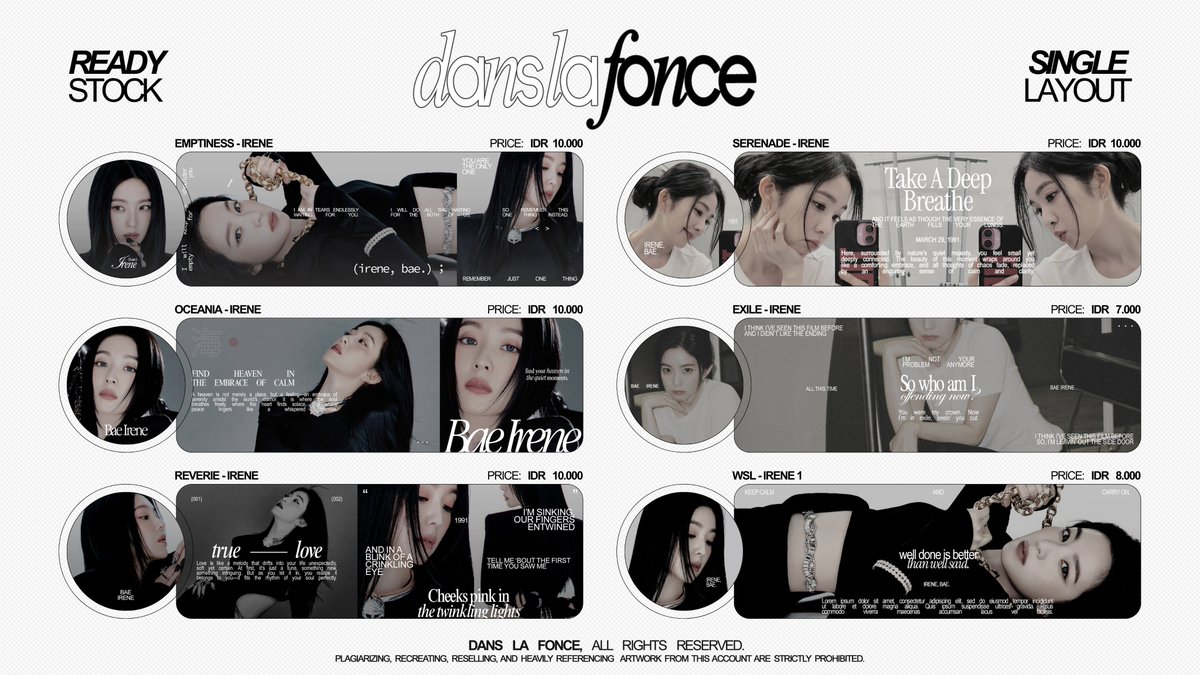 danslafonce's tweet photo. ⠀ ⠀  
READY STOCK LAYOUT. 💌
A repost would be appreciated!

Halo! Fiona ada ready stock layout special comeback IRENE &amp; SEULGI yang bisa ditake sekarang melalui DM. Harga sudah termasuk FREE RETEXT ALL dan 2 AVA. Go grab yours! ✨

#zonaba #zonauang #zonajajan
  ⠀ ⠀ https://t.co/qQI8t93P2E