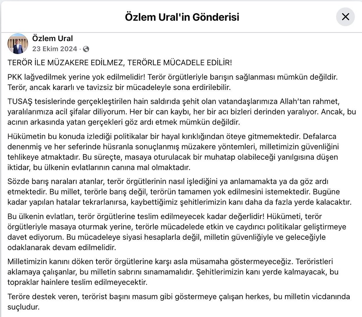 Terörle müzakere edilmez, terörle mücadele edilir. 
Bu sözlerimiz dün de aynıydı, bugün de aynı, yarın da aynı olacak. Devletin ve milletin bekasını hedef alan yapıyla uzlaşmak, milletin vicdanında affedilmeyecek bir zafiyettir.

Bizim Kürt kardeşlerimizle hiçbir sorunumuz