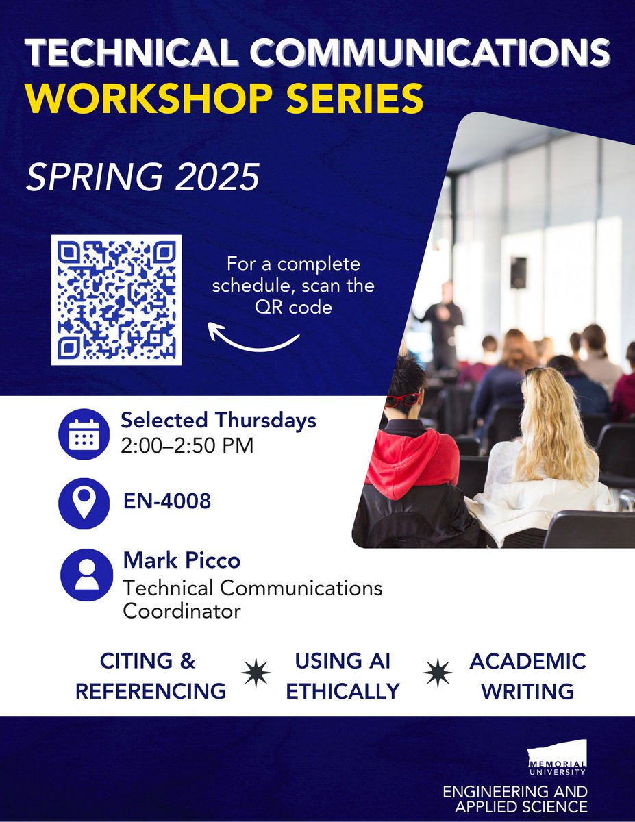 The Technical Communications Workshop Series will resume for the S25 semester on May 15. The schedule for the S25 semester 👇

For more info, please visit mun.ca/engineering/un…

<a href="/TechCommMUNFEAS/">Technical Communications Coordinator</a> <a href="/MUN_Engineering/">Memorial Engineering</a>