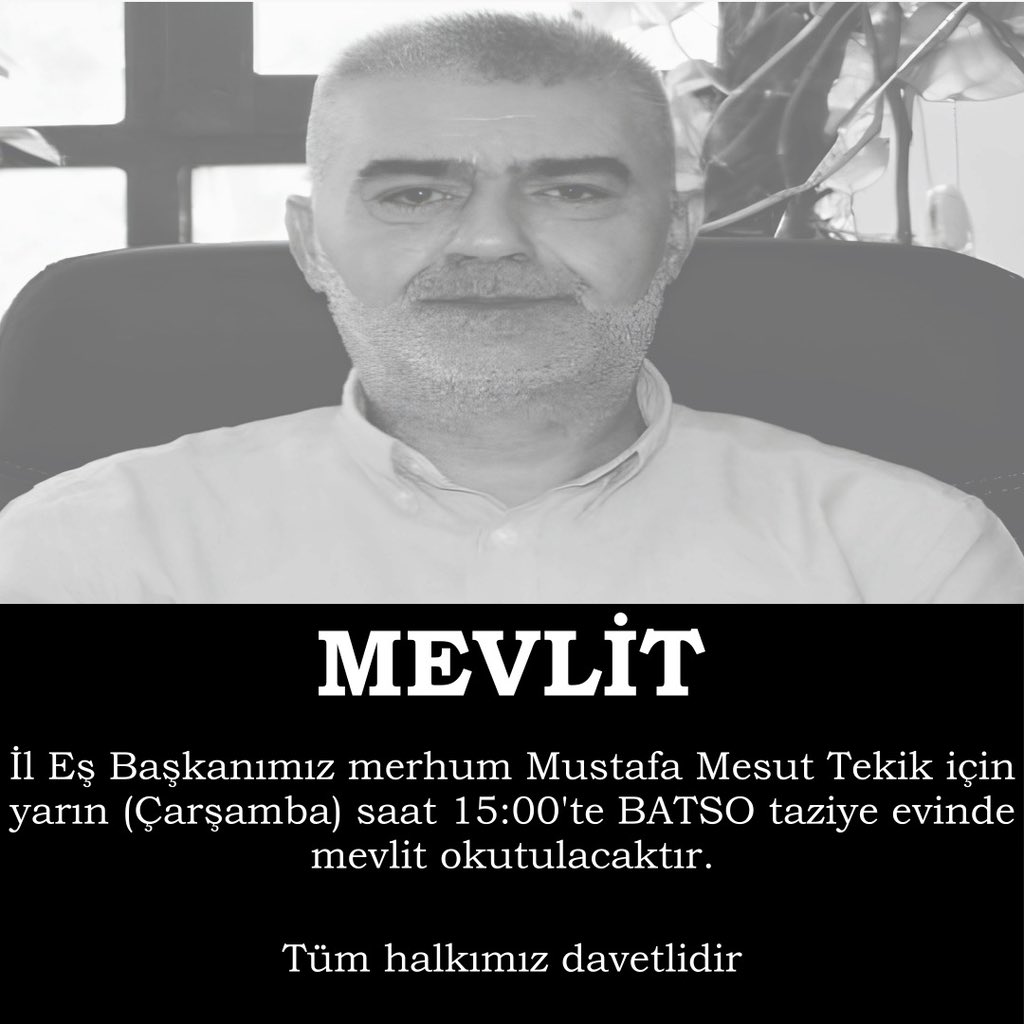 İl Eş Başkanımız, yoldaşımız Merhum Mustafa Mesut Tekik için yarın (Çarşamba) saat 15:00’te Kültür mahallesi BATSO taziye evinde Mevlit okutulacaktır.

Tüm halkımız mevlide davetlidir