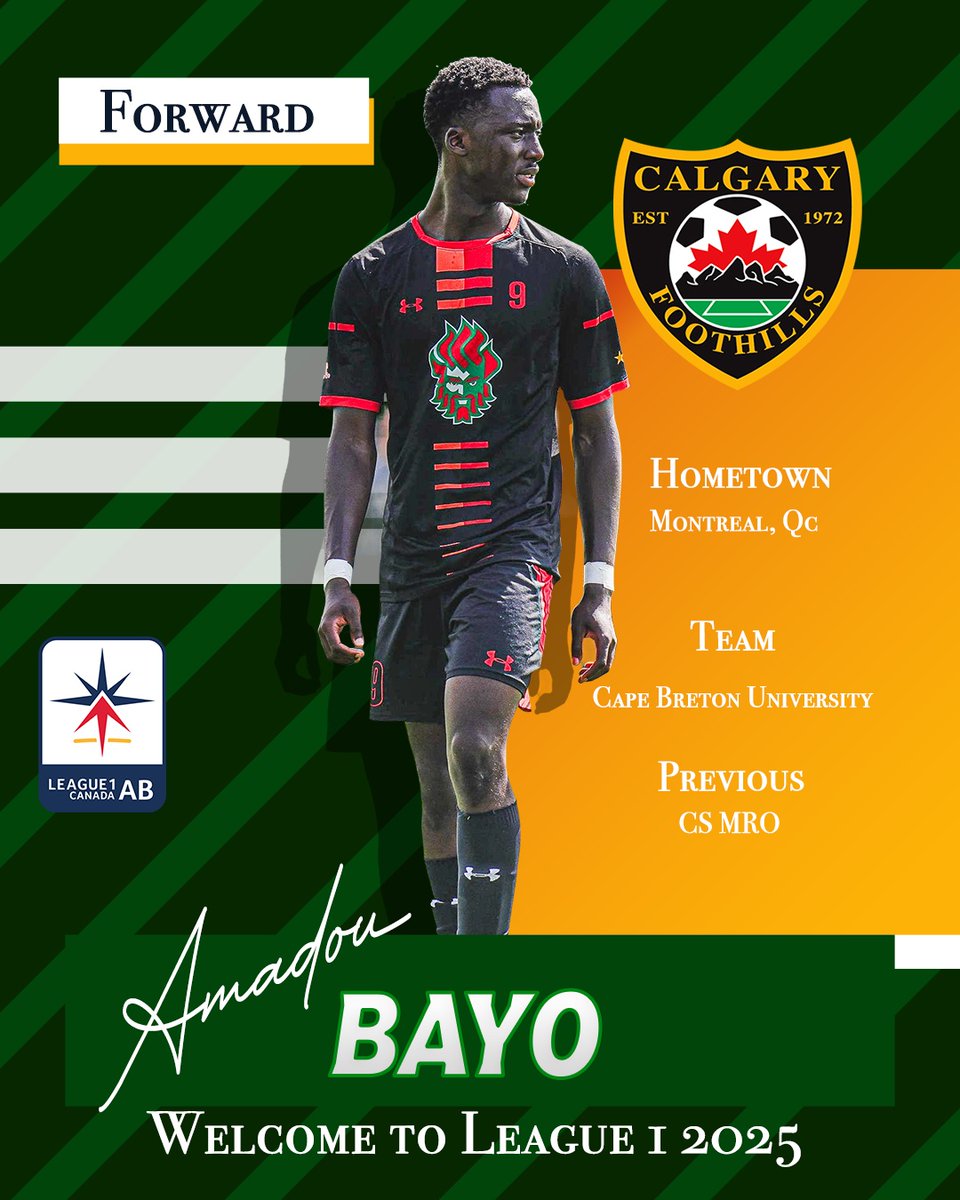 Please welcome Amadou Bayo to Foothills! ⚽️

The Cape Breton striker brings agility, awareness &amp; League1 experience from CS MRO (QC). Excited to see his impact this season!

Welcome to League1 Alberta, Amadou! 💚

#WeAreFoothills #League1Alberta #Soccer