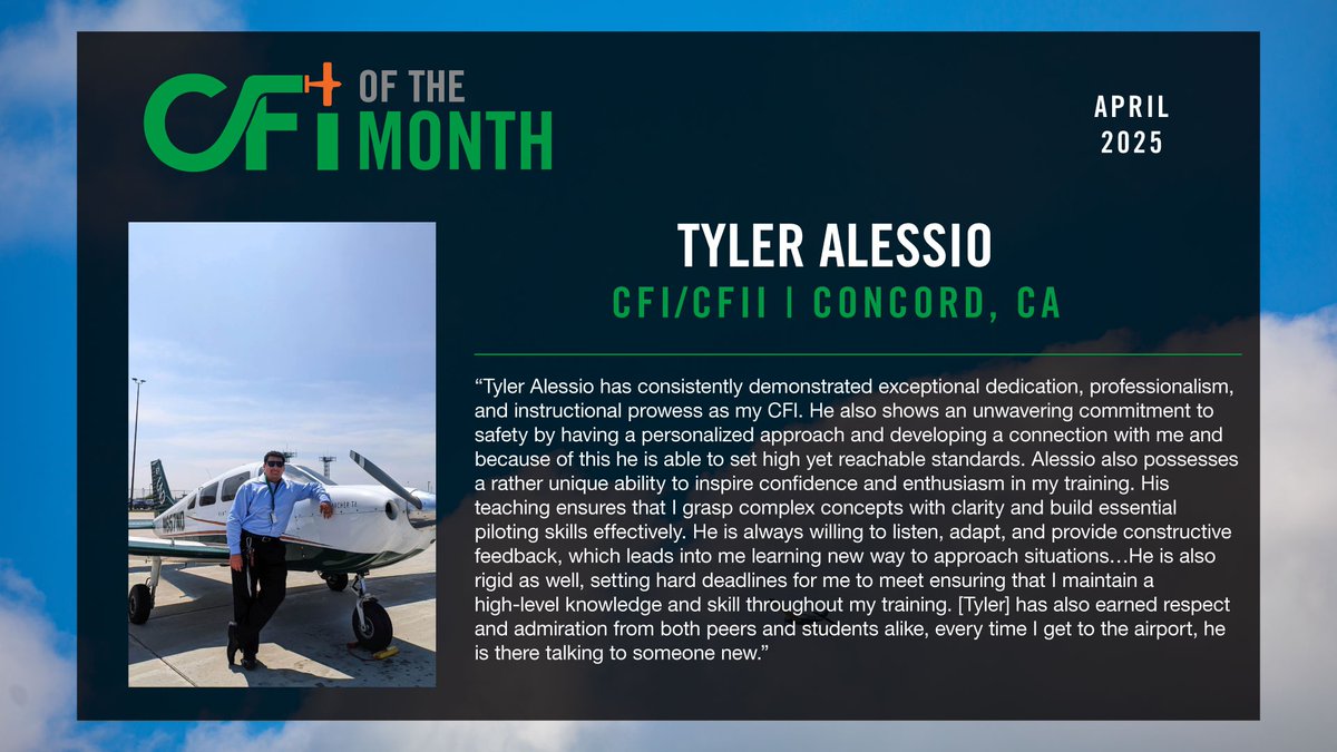 Join us in congratulating our April CFI of the Month 🎉

Tyler Alessio | CFI | CFII
Concord, CA

Nominate a CFI for May - l8r.it/nWhk