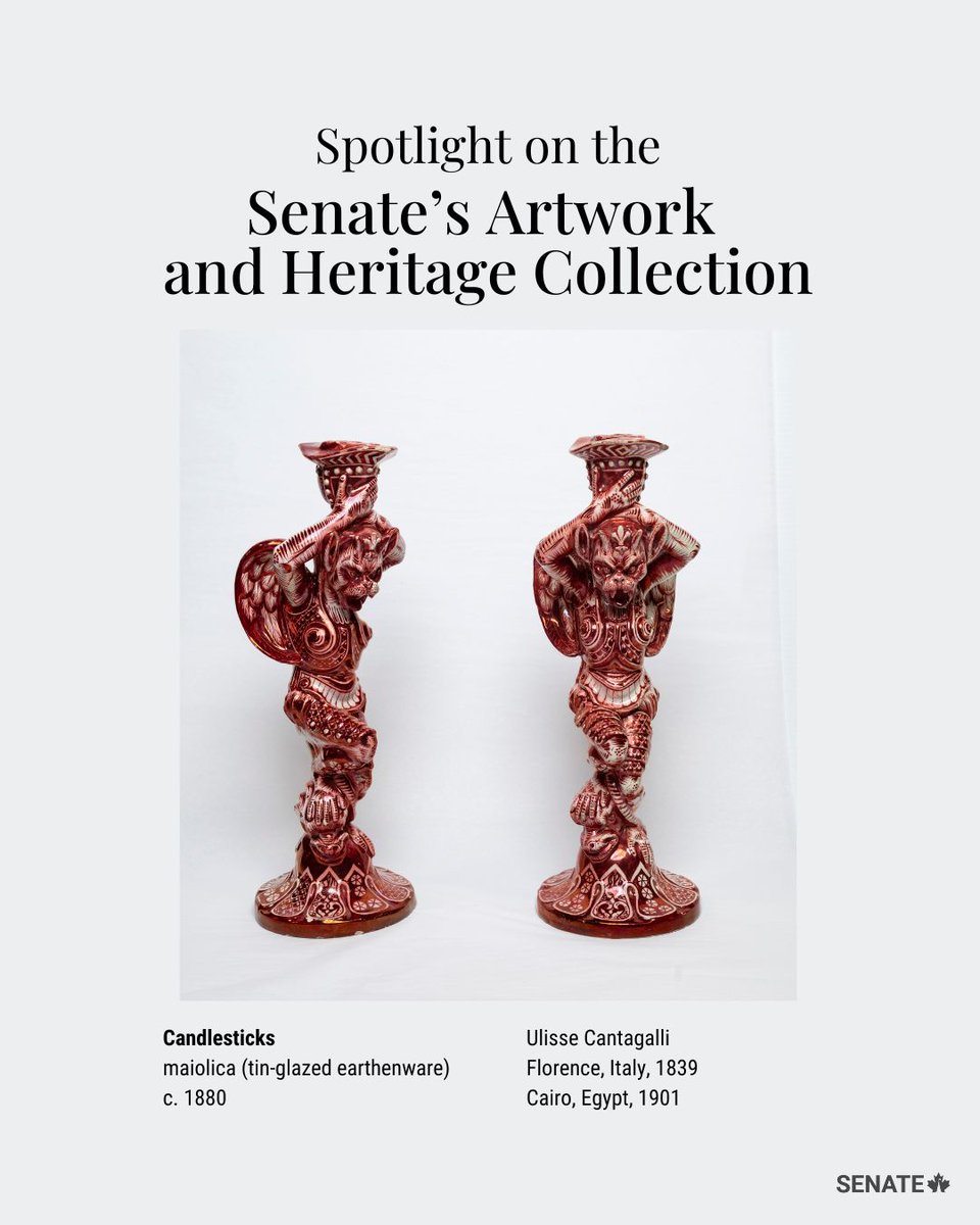 A pair of maiolica candlesticks from the 1880s — made by renowned Italian pottery maker Ulisse Cantagalli — is on display along the public tour route in the Senate of Canada Building.

Can’t visit in person? Read about the candlesticks and other items in the Senate’s art
