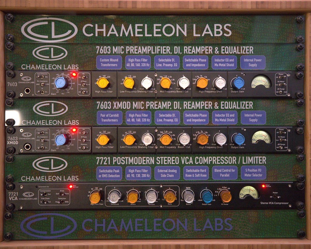 Stacked, Racked &amp; Ready to Work.
7603: Class-A mic pre with transformer warmth &amp; musical EQ.
 7603 XMOD: Carnhill transformers for vintage tone.
 7721: Tight, clean VCA compression.
Individually powerful. Together, invincible.

Learn more: chameleonlabs.com 

#chameleonlabs