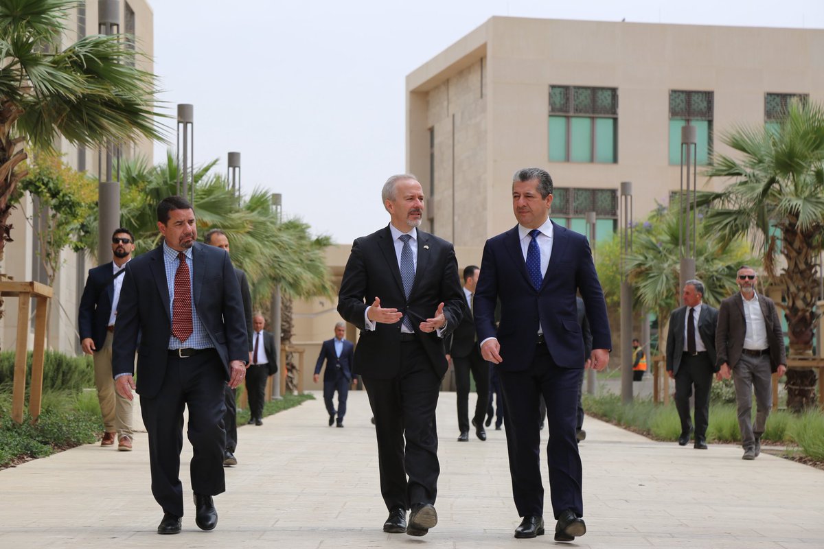 BayanRahman's tweet photo. Prime Minister @masrourbarzani today toured the new @USCGERBIL building with Consul General Steve Bitner. The new building is nearing completion and is already a landmark statement about our relationship with the United States. https://t.co/y6e66Ix3FS
