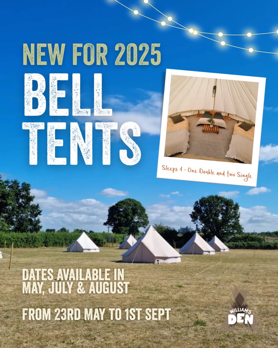 🚨 No tent? No problem!

We now have Bell Tents here at William’s Den!! 🤩🎉

Starting Friday 23rd May, dates available in May, July &amp; August
Each booking includes:
✔️ Two-night stay for up to 4
✔️ Entry to our wild Jungle Adventures event 🐍🌴