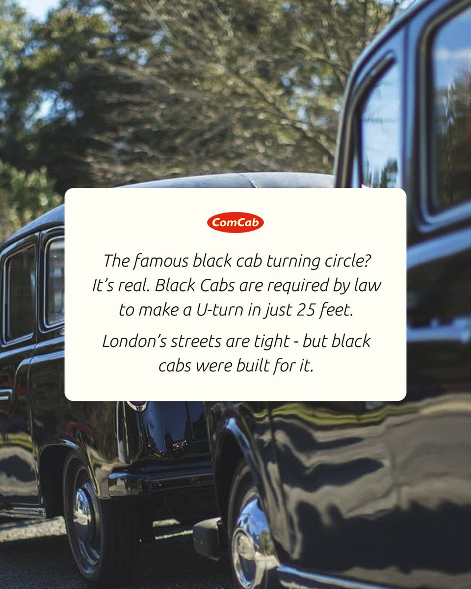 ComCabLondon's tweet photo. Celebrating the history of black cabs in London.

Did you know that every licensed cab must have a turning circle tight enough to navigate even the narrowest corners? Our black cabs are iconic by design. 

#LondonTaxis #BlackCab #ComCabLondon #Iconic https://t.co/clZSFvICoa