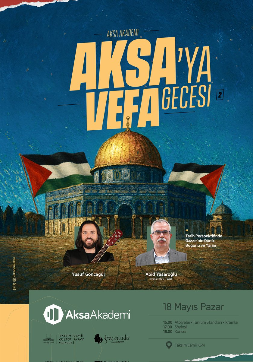 Aksa Akademi’den  ❝ Aksâ’ya Vefa Gecesi! ❞

Yıllardır devam eden işgale dikkat çekmek, bu işgali zihinlerde canlı tutmak, diriliş ve direniş duygularını diri tutmak, davamızı maddi manevi ümmetle paylaşmak adına Aksâ temalı kitle faaliyeti düzenliyoruz. 💫

Bekliyoruz...