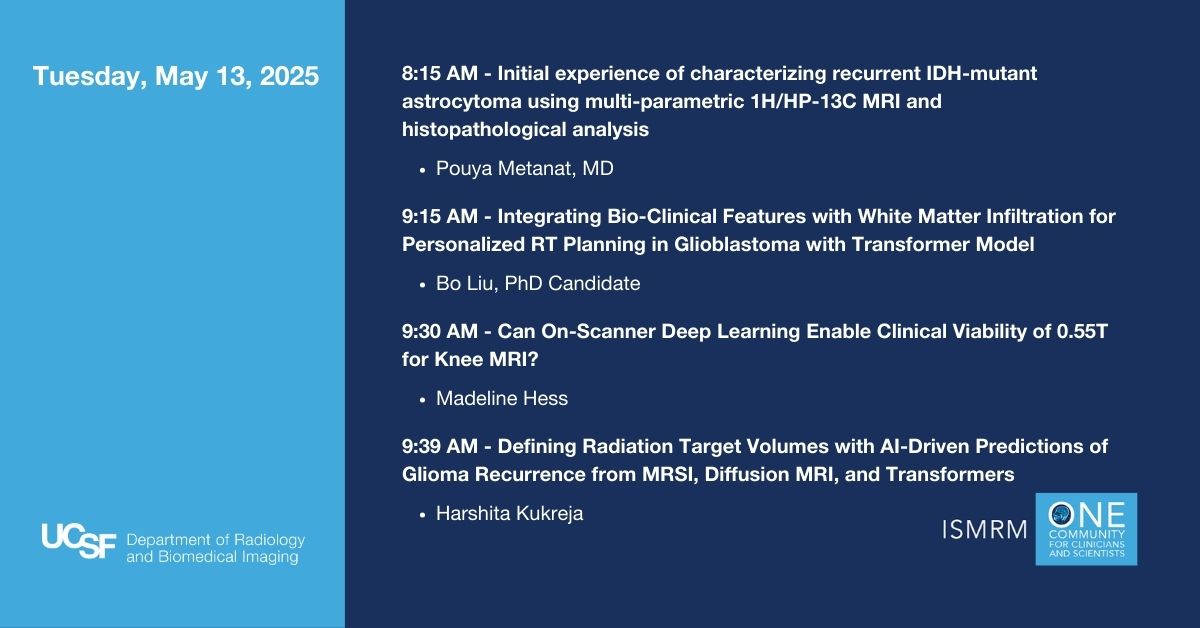 UCSF Imaging (@ucsfimaging) on Twitter photo Start your Tuesday at #ISMRM2025 with work from <a href="/UCSFimaging/">UCSF Imaging</a>'s April Xing, Bo Liu, Harshita Kukreja & <a href="/UCSF_Ci2/">UCSF Center for Intelligent Imaging</a>'s Madeline Hess (<a href="/MaddHess/">Madeline Hess</a>) exploring brain tumors, AI-driven radiation planning & low-field MRI. <a href="/ISMRM/">ISMRM</a> Start your Tuesday at #ISMRM2025 with work from <a href="/UCSFimaging/">UCSF Imaging</a>'s April Xing, Bo Liu, Harshita Kukreja & <a href="/UCSF_Ci2/">UCSF Center for Intelligent Imaging</a>'s Madeline Hess (<a href="/MaddHess/">Madeline Hess</a>) exploring brain tumors, AI-driven radiation planning & low-field MRI. <a href="/ISMRM/">ISMRM</a>