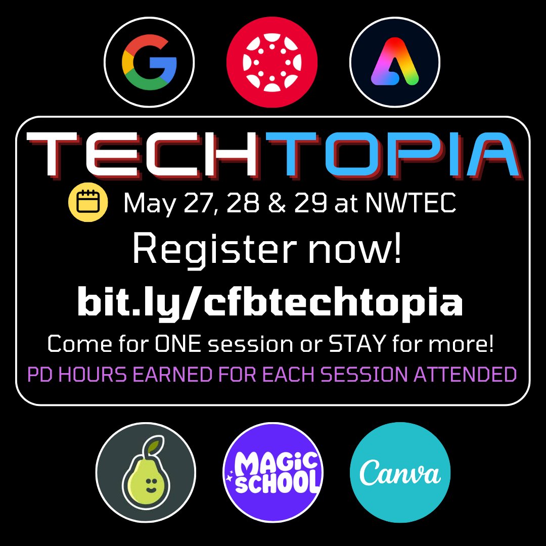 📢 Calling all CFB Teachers and Staff! 🚀 Techtopia is LIVE! Explore technology-focused professional learning designed just for you by the CFB Digital Learning Specialists &amp; guest vendors. Head to the website for all details👉 bit.ly/cfbtechtopia #CFBTechtopia  #CFBISD