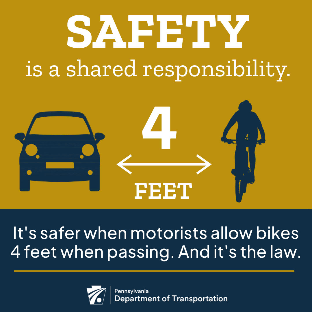 Drivers, make room for cyclists! It’s the law! 🚴

When you pass a bicycle, you must give them four feet of space and may only cross the double yellow line to do so when safe.

Visit bit.ly/PennDOTBicycle… to learn more about bike safety laws.

#BikeSafetyMonth