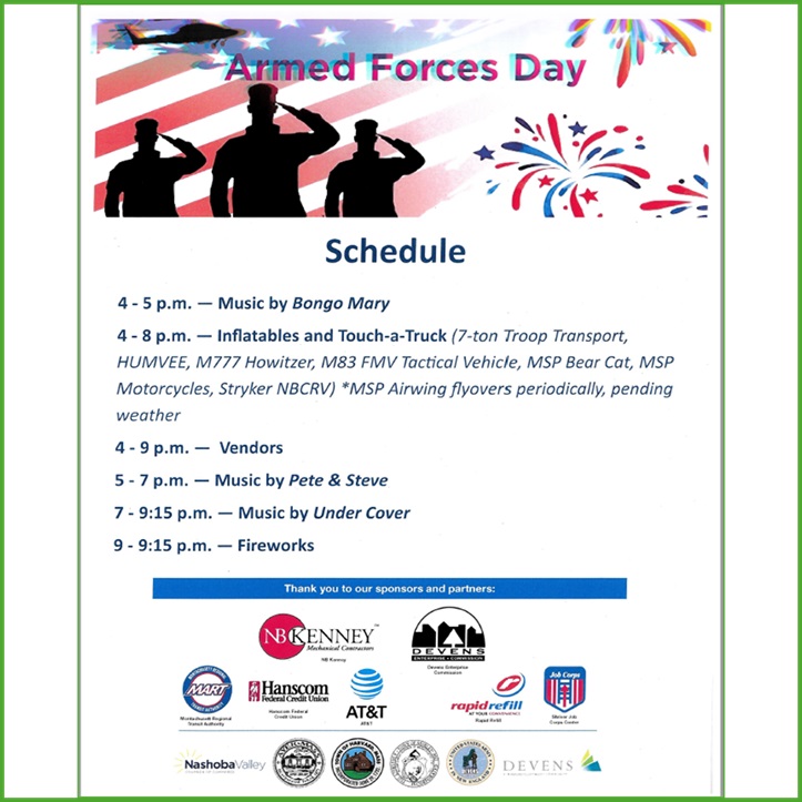 Stop by Rogers Field at Devens to celebrate Armed Forces Day with music, military vehicles and fireworks Saturday, May 17.  <a href="/USArmyReserve/">U.S. Army Reserve</a> <a href="/NationalGuard/">National Guard</a> @Marforres @ArmyIMCOM <a href="/99thDiv/">99TH DIV(R)</a> <a href="/ASAFortDix/">ASA Fort Dix</a> @JointBaseMDL