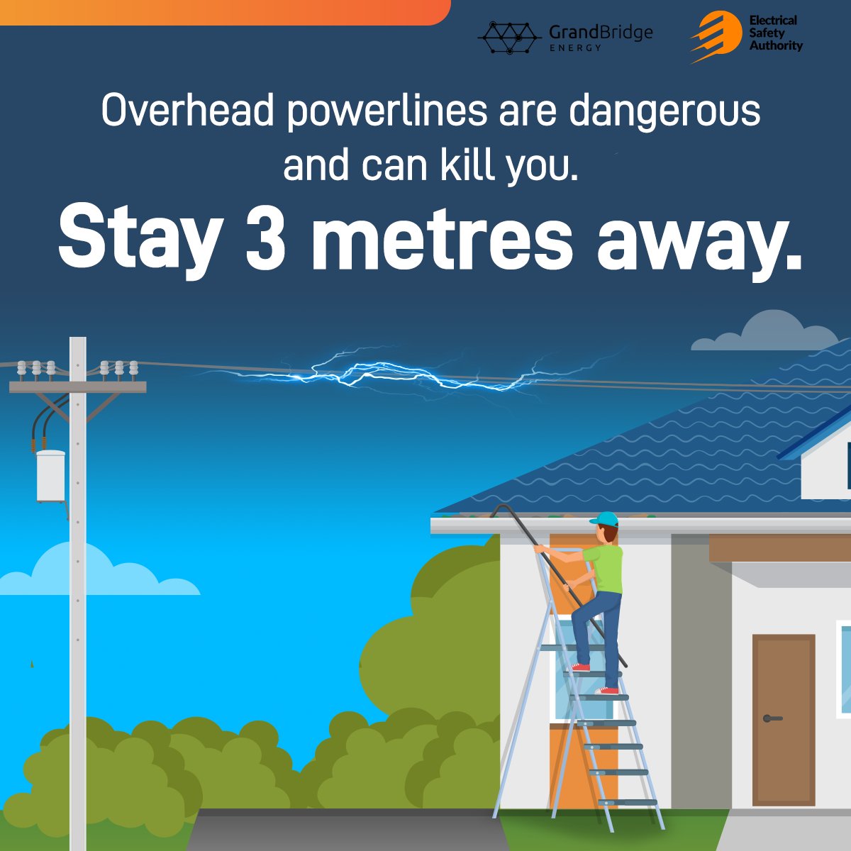 GrandBridgeNRG's tweet image. When doing any type of outdoor work, always stay at least 3 metres away from overhead powerlines. Electricity can jump or “arc” to you or your tools if you get too close, causing a deadly shock. Learn more at ESAsafe.com/PowerlineSafety
#PowerlineSafetyWeek