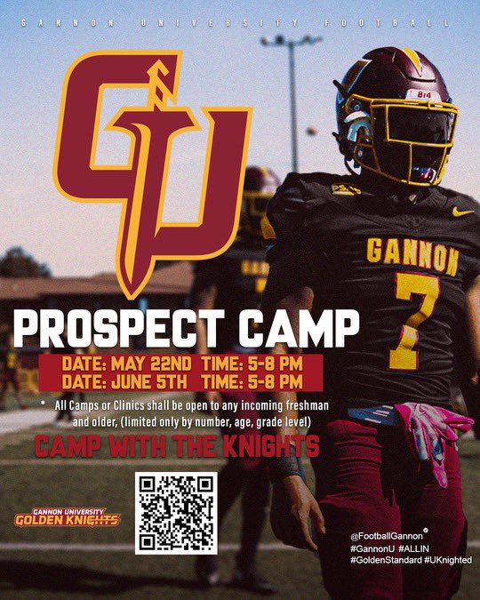 We’re almost one week away! 

Make sure to come show your talents in front of our staff ! 

Come pass the eye test and leave everything on the field ! 

Many players from our previous camps have gotten offers and even become future Knights!!!