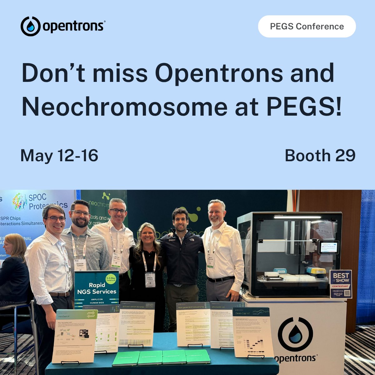 🔬 Are you at #PEGS? Get an exclusive first look at the new Opentrons Flex neoSwitch Workstation, developed in collaboration with Neochromosome.

This breakthrough platform brings fully automated, yeast-based antibody discovery in-house, cutting costs and timelines by up to 🔟×