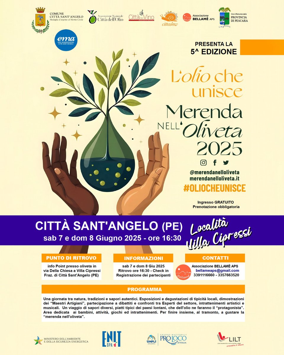 🌿 MERENDA NELL’OLIVETA e la #fiera OrgOlio Angolano
Sabato 7 e domenica 8 Giugno 2025, dalle ore 16:30
Villa Cipressi, #CittàSantAngelo

Info 👉 visitcittasantangelo.it/evento/merenda…