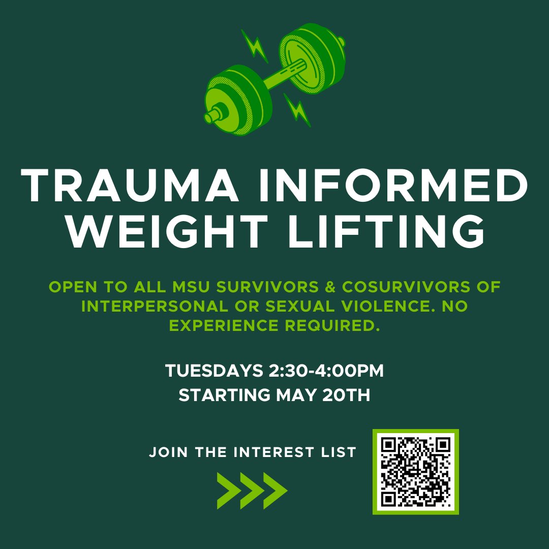 Know More. Do More. Support More. (@supportmoremsu) on Twitter photo .<a href="/HealthySpartans/">healthyspartans</a> invites survivors and co-survivors of interpersonal/sexual violence to a free, trauma-informed weightlifting series. Rebuild strength, reduce stress, and connect. Tuesdays, May 20–July 15.
Register:msu.co1.qualtrics.com/jfe/form/SV_88… .<a href="/HealthySpartans/">healthyspartans</a> invites survivors and co-survivors of interpersonal/sexual violence to a free, trauma-informed weightlifting series. Rebuild strength, reduce stress, and connect. Tuesdays, May 20–July 15.
Register:msu.co1.qualtrics.com/jfe/form/SV_88…