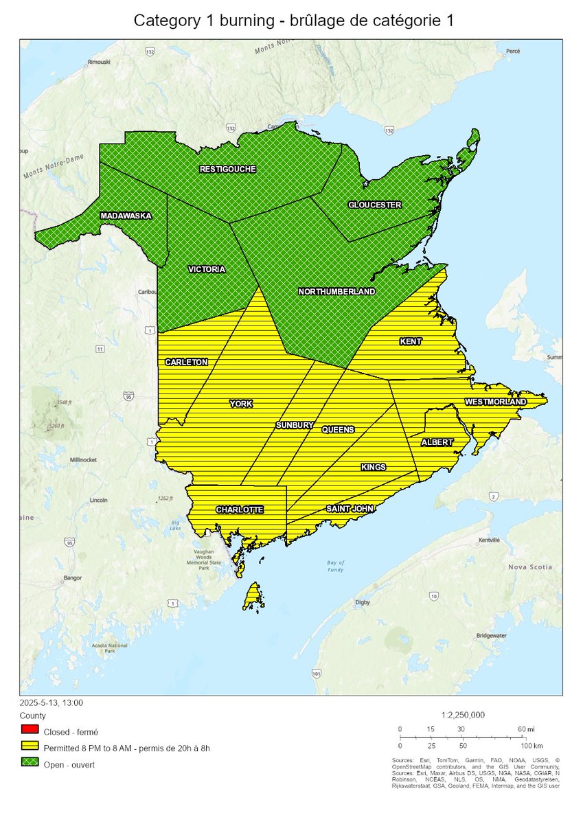 Burning conditions are valid from 2 PM May 13 to 2 PM May 14. The following counties are open for burning: Gloucester, Madawaska, Northumberland, Restigouche, Victoria. In all other counties burning is permitted between 8 PM and 8 AM.