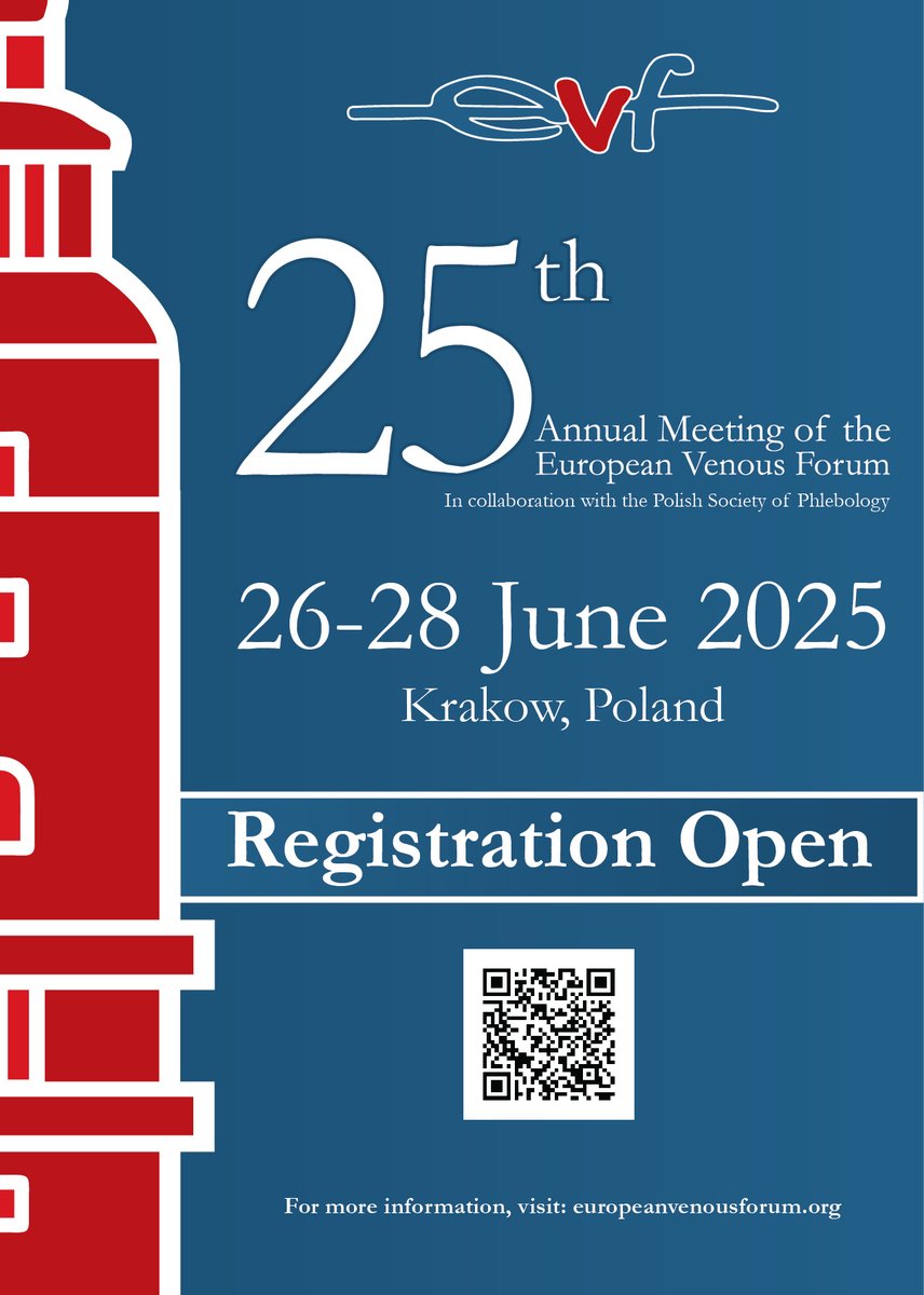 Just over 50 Days to go!
25th Annual EVF Meeting in Krakow, Poland with The Polish Society of Phlebology 26-28 June 25.
40 Abstracts, E posters, Didactic Sessions with AVF and LAVF  Sessions; a Unique Venous Meeting!
Register before May 23, 25 for best rates use QR code.