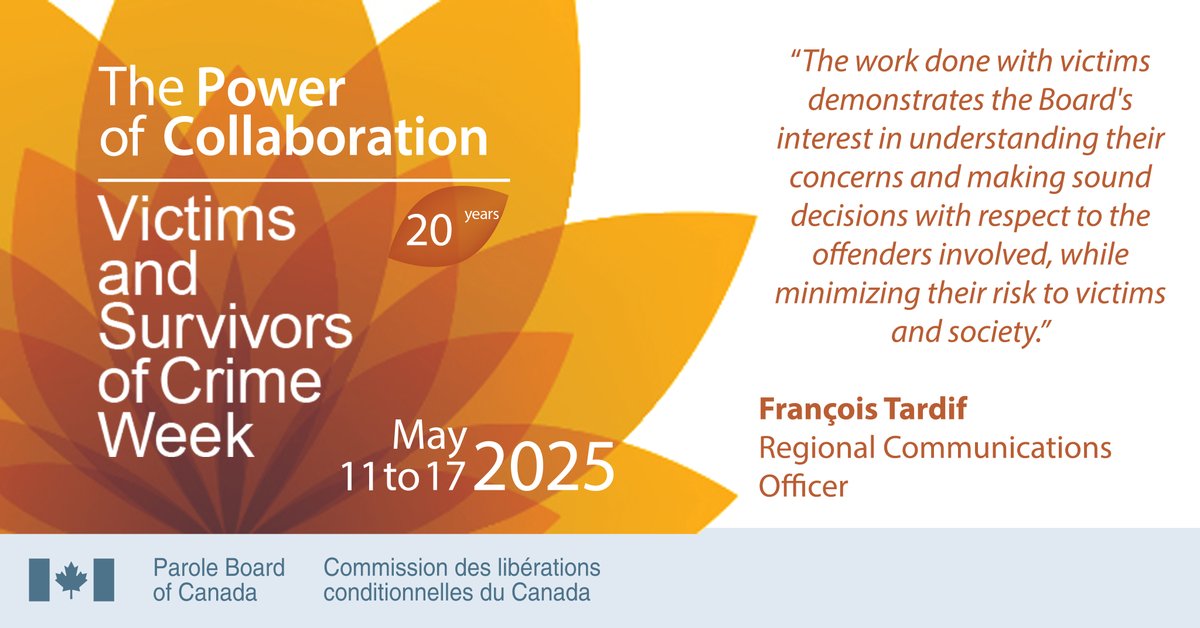 PBC_CLCC_en's tweet image. The PBC has employees across the country who work with victims to facilitate victim information sharing. Here is how one of them is reflecting on #VictimsWeek.
canada.ca/en/parole-boar…