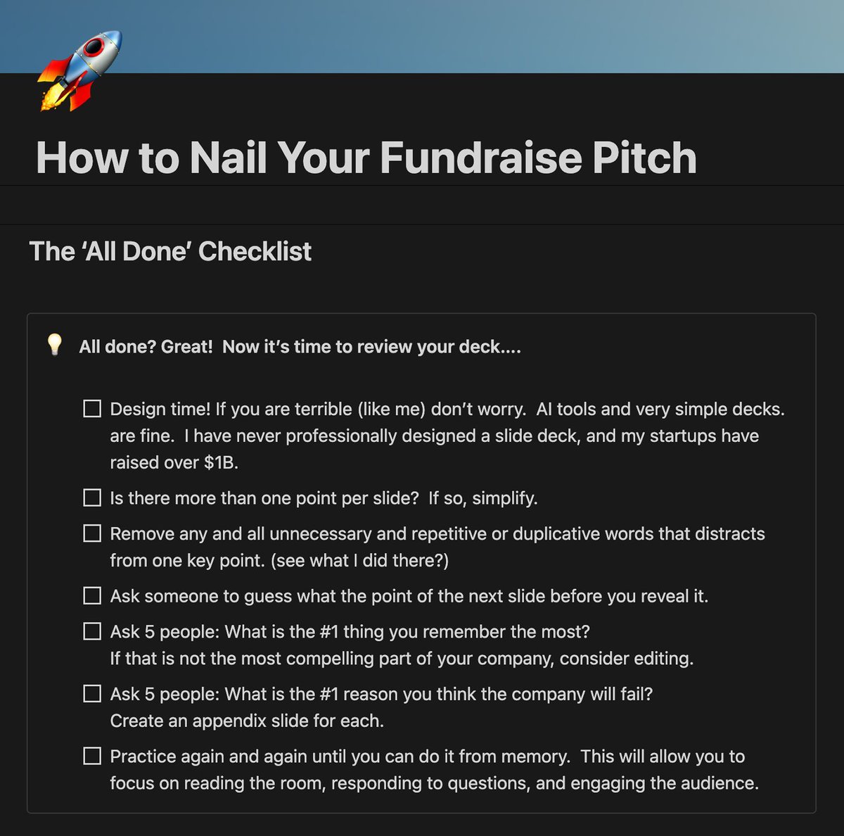 Sasha Orloff (@sashaorloff) on Twitter photo Applications for <a href="/ycombinator/">Y Combinator</a>'s Summer 2025 batch close by EOD!
If you’re still tweaking slides and wondering whether the story lands, I feel you. Investors skim faster than you can say “product-market fit,” and a stray tangent can cost you the meeting.
I'll share a checklist Applications for <a href="/ycombinator/">Y Combinator</a>'s Summer 2025 batch close by EOD!
If you’re still tweaking slides and wondering whether the story lands, I feel you. Investors skim faster than you can say “product-market fit,” and a stray tangent can cost you the meeting.
I'll share a checklist