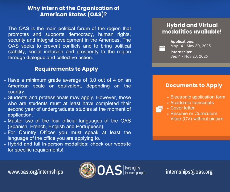 Sign up for the OAS Internship Program 2025 Fall Session (Headquarters) &amp; Session III (National Offices)
oas.org/internships