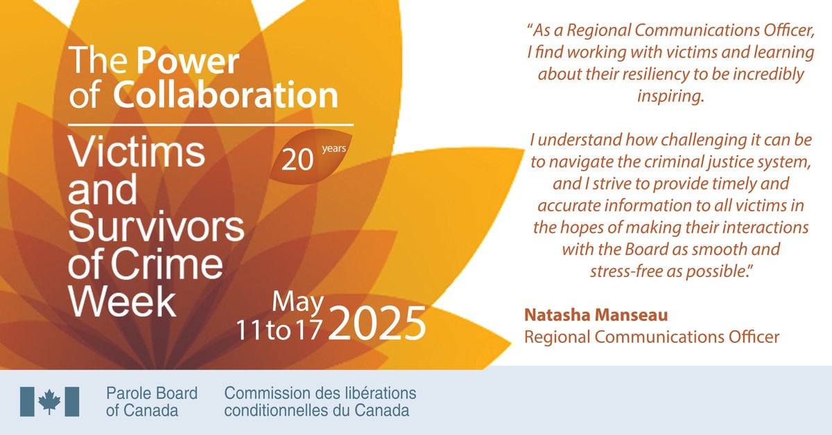 PBC_CLCC_en's tweet image. The PBC has employees across the country who work with victims to facilitate victim information sharing. Here is how one of them is reflecting on #VictimsWeek.
canada.ca/en/parole-boar…