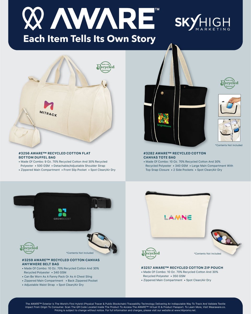 AWARE bags are made of recycled materials, and you can scan their QR code to learn about the bag's journey: from responsible sourcing to you! ♻
#skyhighmarketing #recycledmaterials