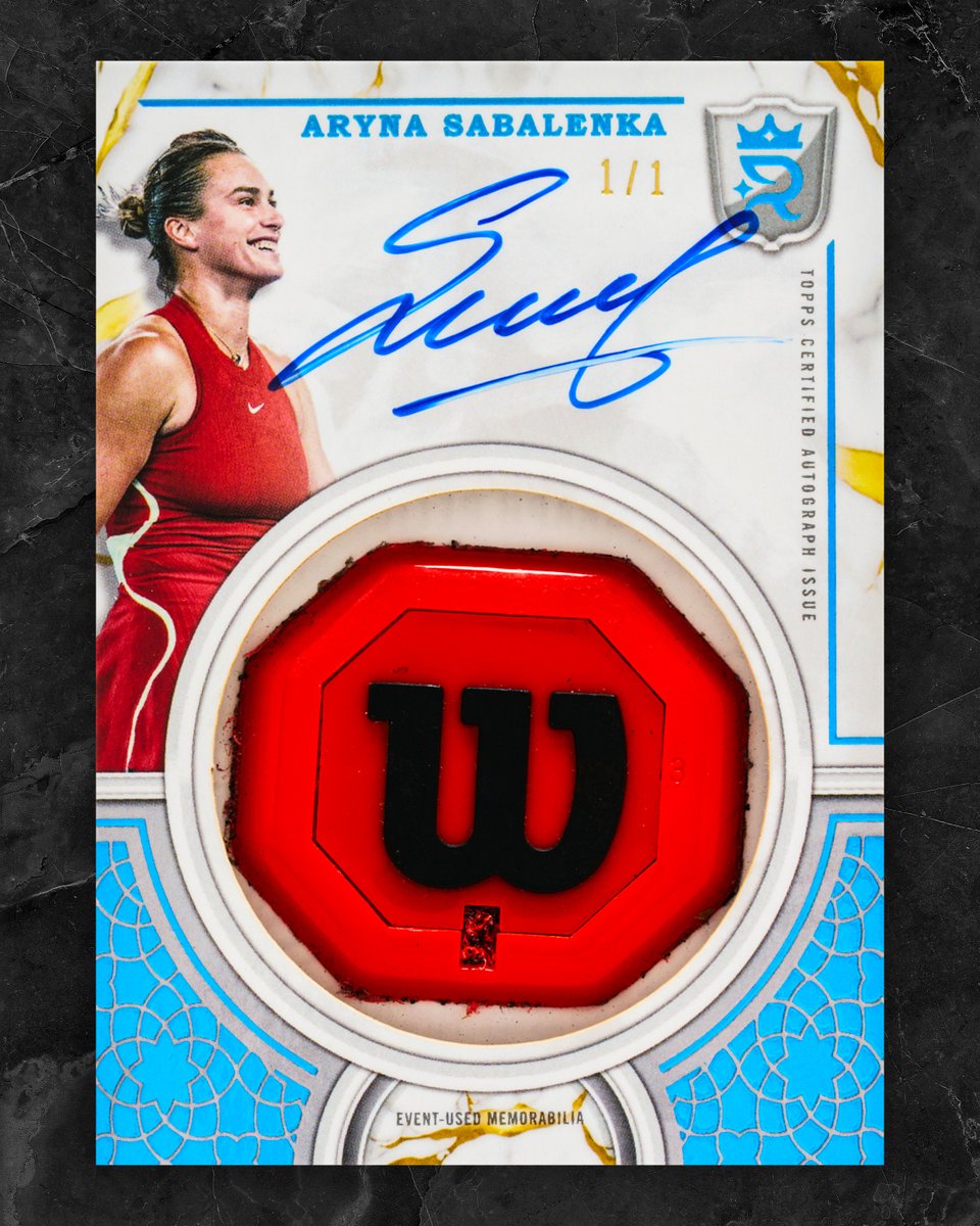 FIRST LOOK: Aryna Sabalenka's match-used racket knob went into a 1/1 autographed trading card.

Arriving in 2024 Royalty Tennis May 15th!