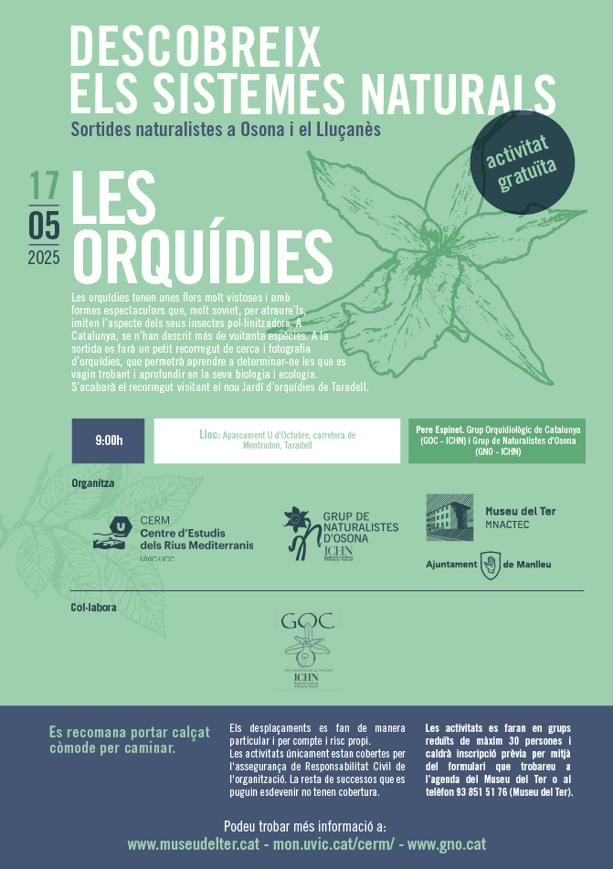 🗓️Aquest dissabte dia 17 de març, a les 9 h, us esperem a l'aparcament U d'octubre de Taradell per començar la sortida de reconeixement d'orquídies!🌱Enguany tindrem la novetat d'acabar-la al jardí d'orquídies de Taradell. No us ho perdeu!! <a href="/cerm_uvic/">CERM, Centre d'Estudis dels Rius Mediterranis</a> <a href="/museudelter/">Museu del Ter</a>