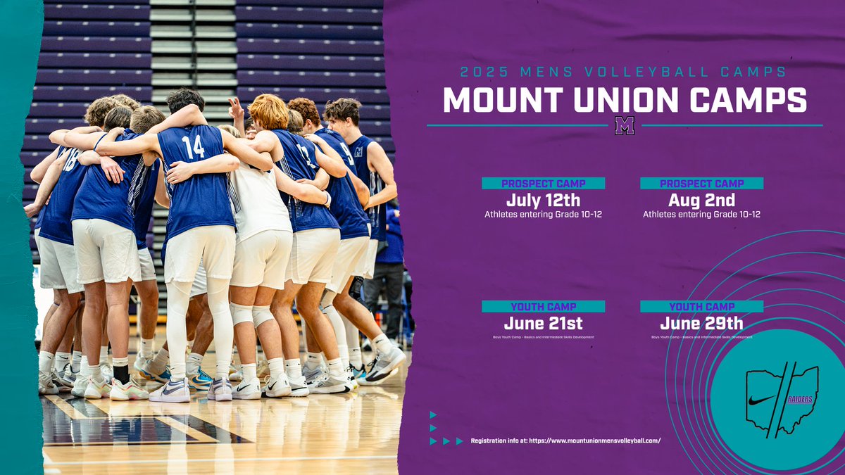 Prospect Camps and Youth Camps this summer! Register at: 
mountunionmensvolleyball.com