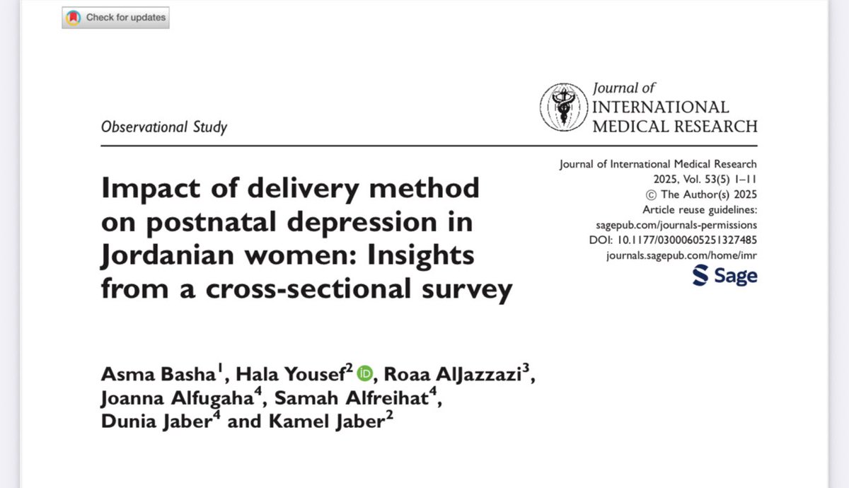 joannaalfugaha's tweet image. Thrilled to share our new study analyzing the association between delivery method and #PostnatalDepression risk in Jordanian women.

Grateful for the guidance of Prof. Asma Basha🙏🏻