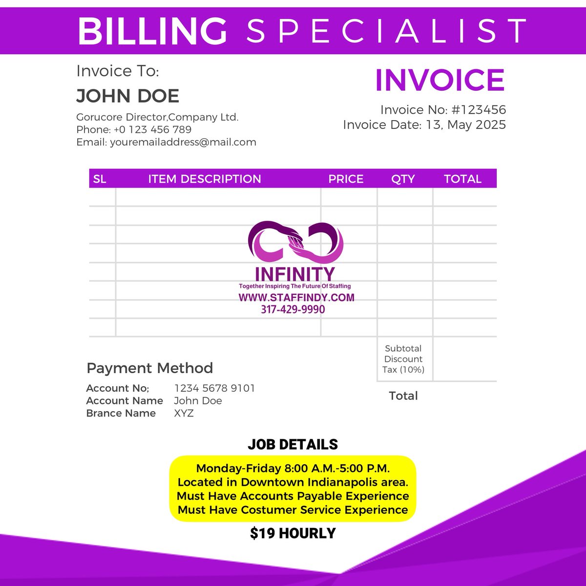 InfinityStaff_1's tweet photo. We’re looking to add a couple of Billing Specialists to our team! 
If you have accounts payable &amp; CSR experience please send us your resume to: admin@staffindy.com 

#hiring #staffindy #employment #csr #accountspayable #billingspecialist #downtownindianapolis #indianapolis https://t.co/2G7SBPEGrf
