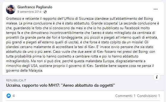 Adesso che è ufficiale anche per l'agenzia ONU <a href="/icao/">ICAO</a> che il volo MH17 è stato abbattuto dai russi, mi sembra doveroso ricordare che il Presidente di <a href="/Anpinazionale/">A.N.P.I. Nazionale</a> Gianfranco Pagliarulo ha diffuso per anni la propaganda di Putin incolpando l'Ucraina.
Per non dimenticare mai.