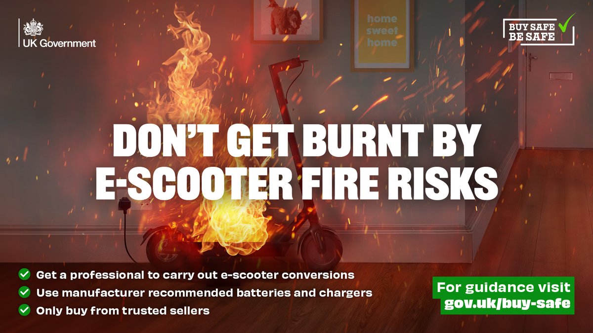 If you have an e-bike or e-scooter, follow the manufacturer’s guidance on storage, charging, and maintenance. 

While most are used safely, the lithium-ion batteries inside can cause serious fires, particularly if damaged, improperly used or poor quality. ow.ly/LWL750VQZCc