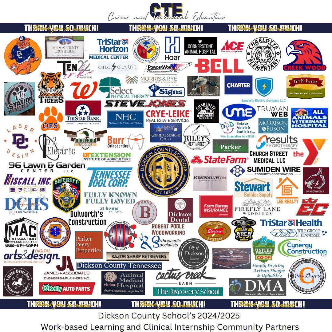 Dickson County Schools CTE (@dcs_cte) on Twitter photo Internships have come to an end, but we would like to give one more HUGE shout-out to ALL our community partners supporting Dickson County School's WBL and Clinical Internship programs! Without you, our programs would not be possible!
#WBLinTN
<a href="/DCcougarnation/">Dickson County High School</a>
<a href="/creekwoodhs/">Creek Wood HS</a> Internships have come to an end, but we would like to give one more HUGE shout-out to ALL our community partners supporting Dickson County School's WBL and Clinical Internship programs! Without you, our programs would not be possible!
#WBLinTN
<a href="/DCcougarnation/">Dickson County High School</a>
<a href="/creekwoodhs/">Creek Wood HS</a>
