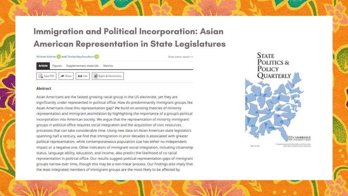 APSAtweets's tweet photo. Tanika Raychaudhuri and Michael Kistner recently published “Immigration and Political Incorporation: Asian American Representation in State Legislatures” in State Politics and Policy Quarterly. https://t.co/nnhgizq0Hj #APPIHeritageMonth #APIDA https://t.co/nqq2QjWRjT