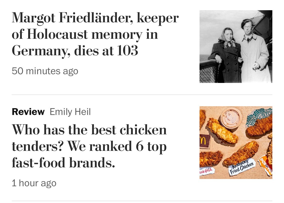 I like to imagine news involves creating a hierarchy of what is truly meaningful and significant to our world. The internet proves me wrong every day, though. Holocaust, chicken tenders, whatever.