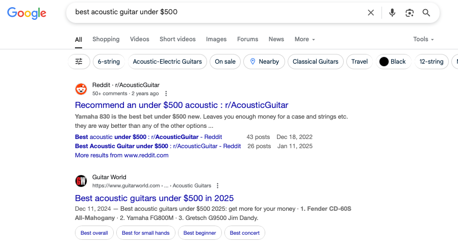 edwin's tweet photo. 1/ AI is changing how brands appear in search. Try searching "best acoustic guitar under $500" in Google, ChatGPT, and Perplexity. You'll get three completely different sets of recommendations citing different sources https://t.co/t1Z5cay6cm