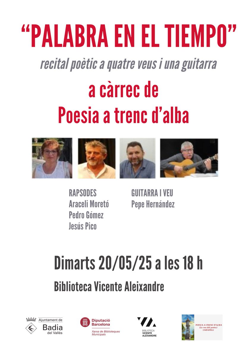 Biblioteca Vicente Aleixandre (@bibliotecabadia) on Twitter photo Recital poètic "Palabra en el tiempo" a càrrec del grup "Poesia a trenc d'alba"
📆 Dimarts 20 de maig a les 18h
#BibliotecaVicenteAleixandre #BadiaDelValles #BibliotecaBadia #bibliotequesxbm #quefemalesbiblios
<a href="/bibliotequesXBM/">BibliotequesXBM</a> Recital poètic "Palabra en el tiempo" a càrrec del grup "Poesia a trenc d'alba"
📆 Dimarts 20 de maig a les 18h
#BibliotecaVicenteAleixandre #BadiaDelValles #BibliotecaBadia #bibliotequesxbm #quefemalesbiblios
<a href="/bibliotequesXBM/">BibliotequesXBM</a>