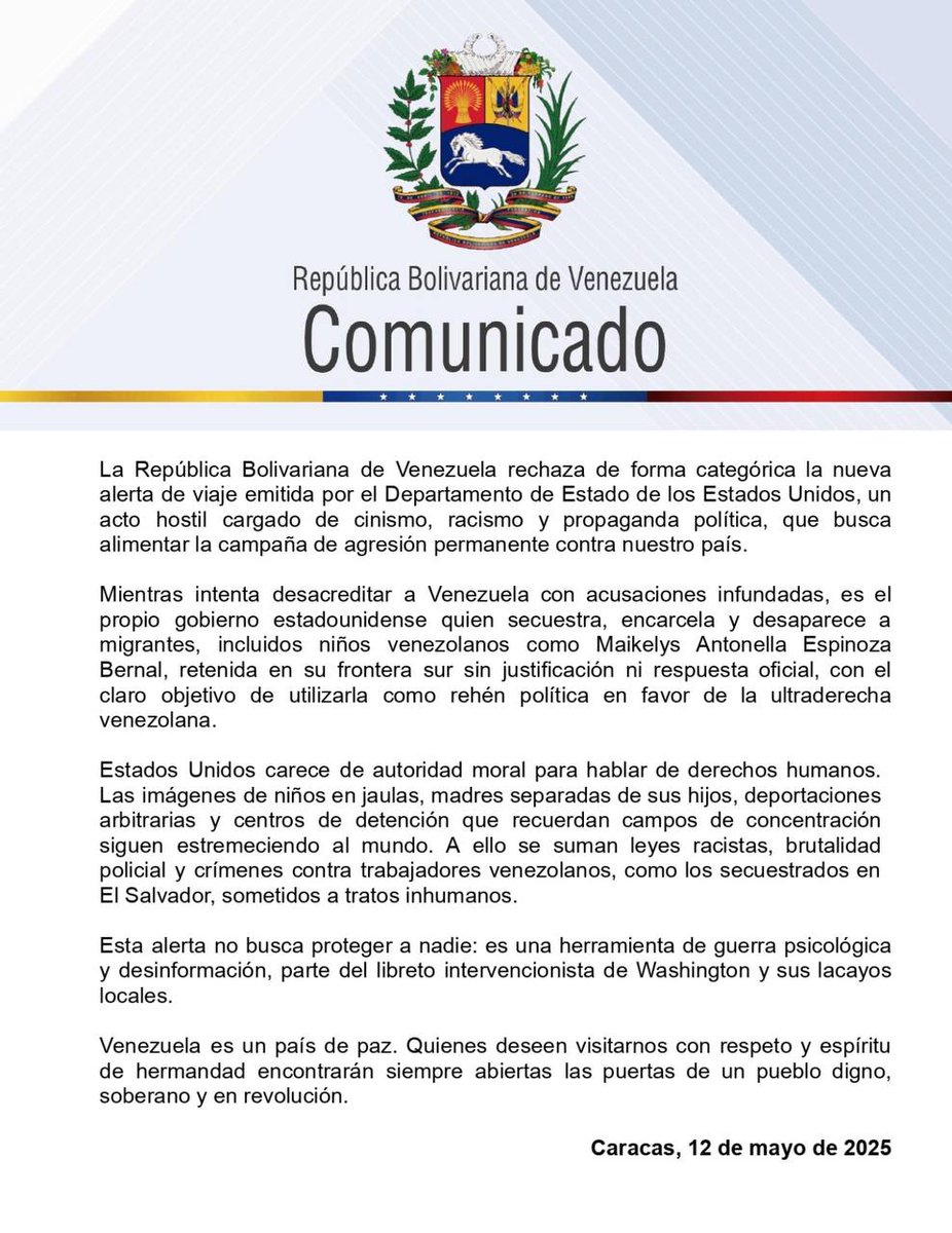 La República Bolivariana de Venezuela rechaza la nueva alerta de viaje emitida por el Departamento de Estado de los Estados Unidos, un acto hostil cargado de cinismo, racismo y propaganda política, que busca alimentar la campaña de agresión permanente contra nuestro país
<a href="/yvangil/">Yvan Gil</a>