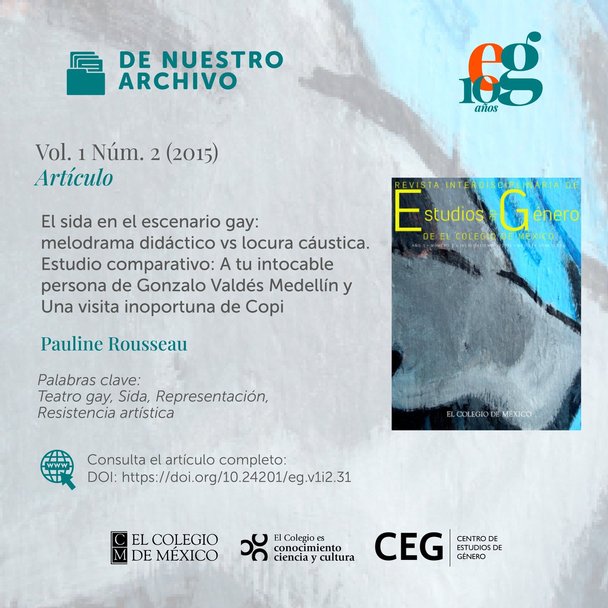estudiosdgenero's tweet image. #DeNuestroArchivo
¿Qué metas artísticas y políticas expone el arte teatral al momento de hablar del sida?
Pauline Rousseau compara obras de Gonzalo Valdés Medellín y Copi para contestar esta pregunta.
Puedes leer el texto completo en la siguiente liga:
doi.org/10.24201/eg.v1…