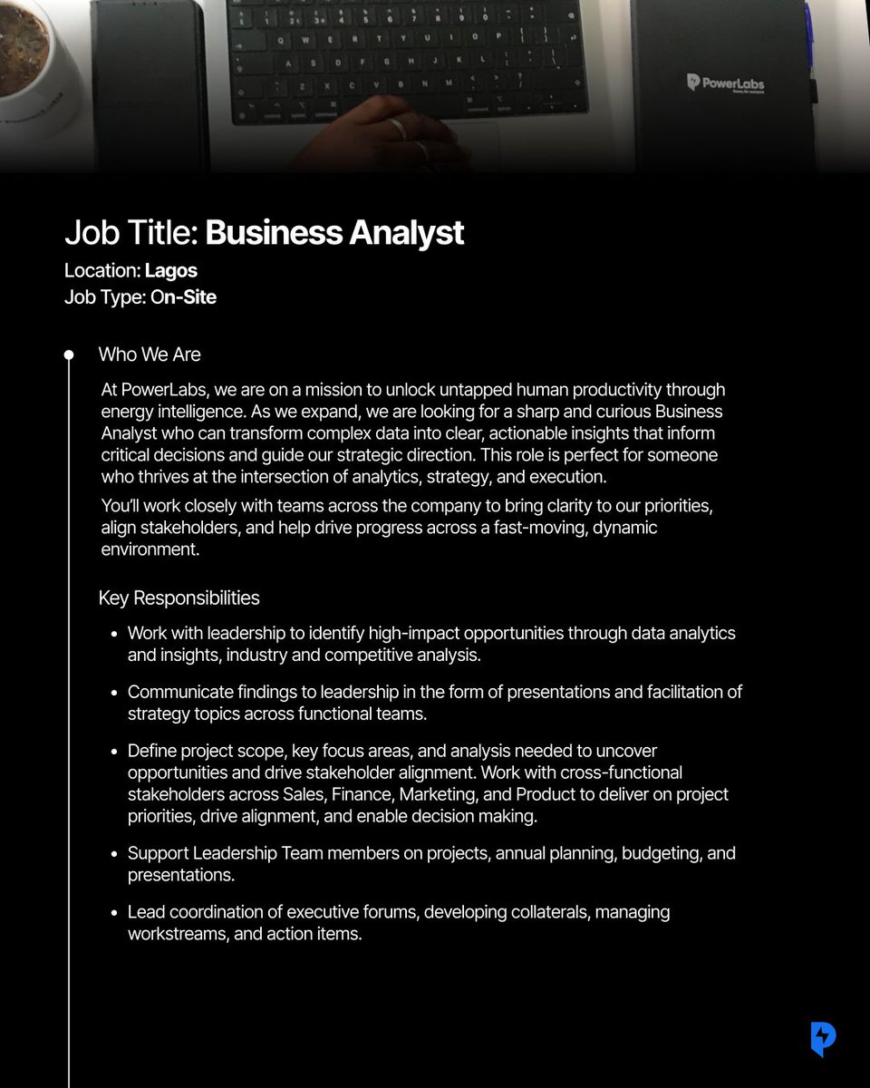Powerlabshq's tweet photo. See what others miss. Say what others canβt. Shape what others wonβt. Join PowerLabs as a Business Analyst.
Apply here https://t.co/ON9isIY1un
#PowerLabs #hiring https://t.co/5JjZP61T6A